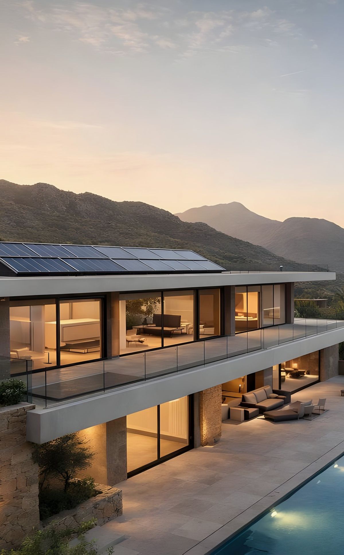 A contemporary villa with an infinity pool above the Mediterranean at sunset